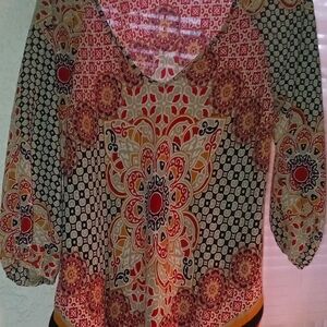 Red, Gold, Beige and Black Handkerchief Patterned Blouse Sz XL